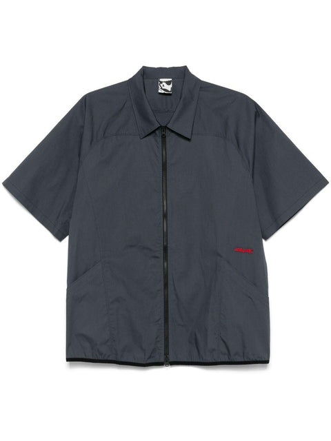 Camicia full zip maniche corte in popelin tecnico, regular fit